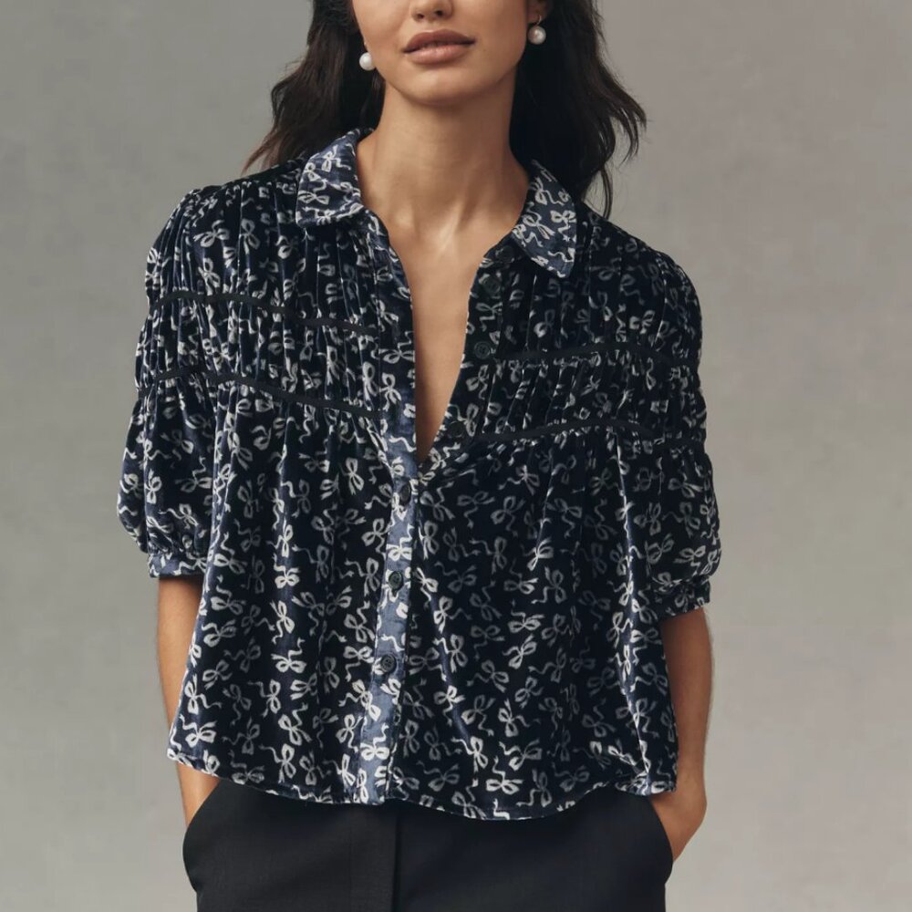 Anthropologie Leandra Velvet Shirred Yoke Blouse by Maeve NWT M